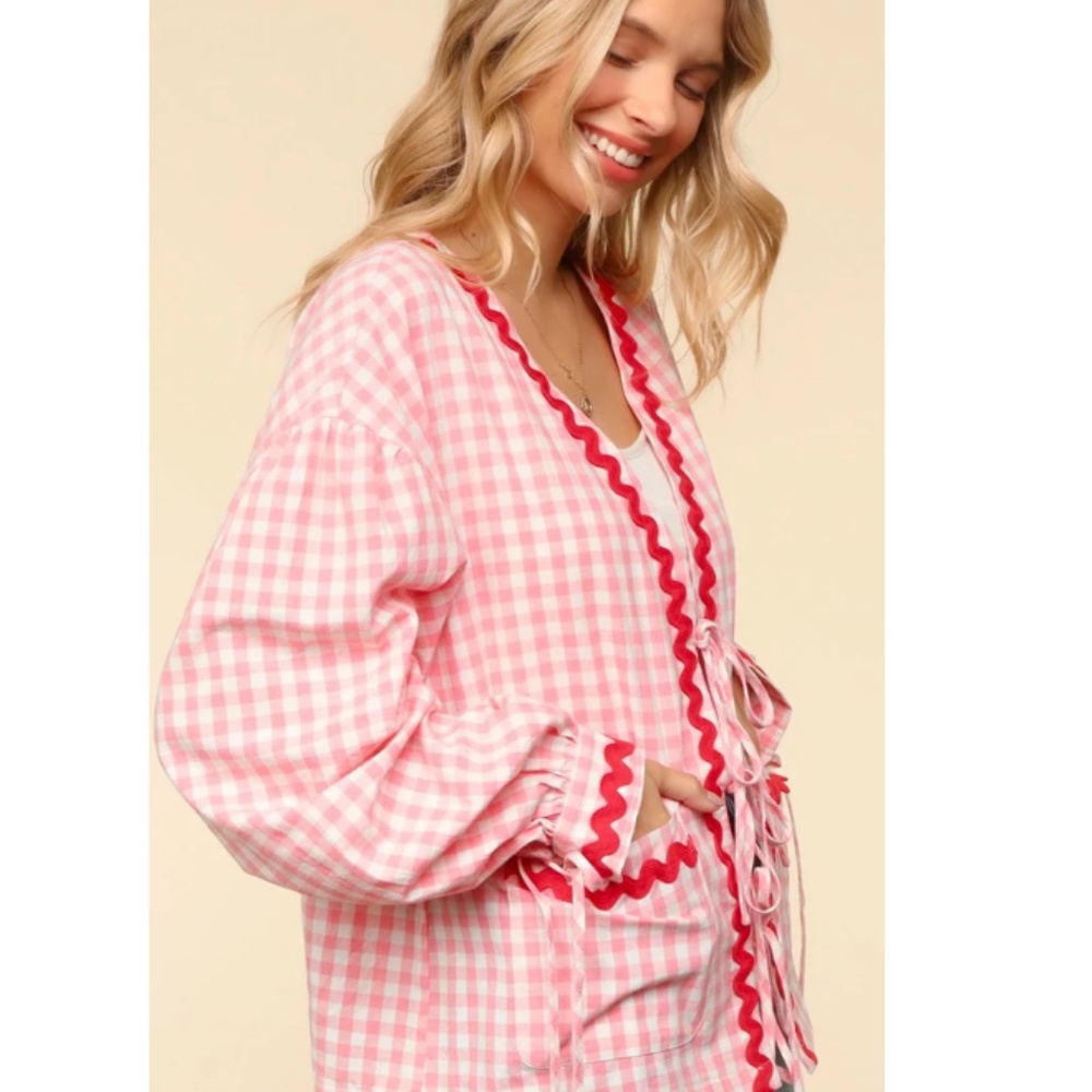 Haptics Ribbon Tie pink Gingham Oversized Jacket with Pockets